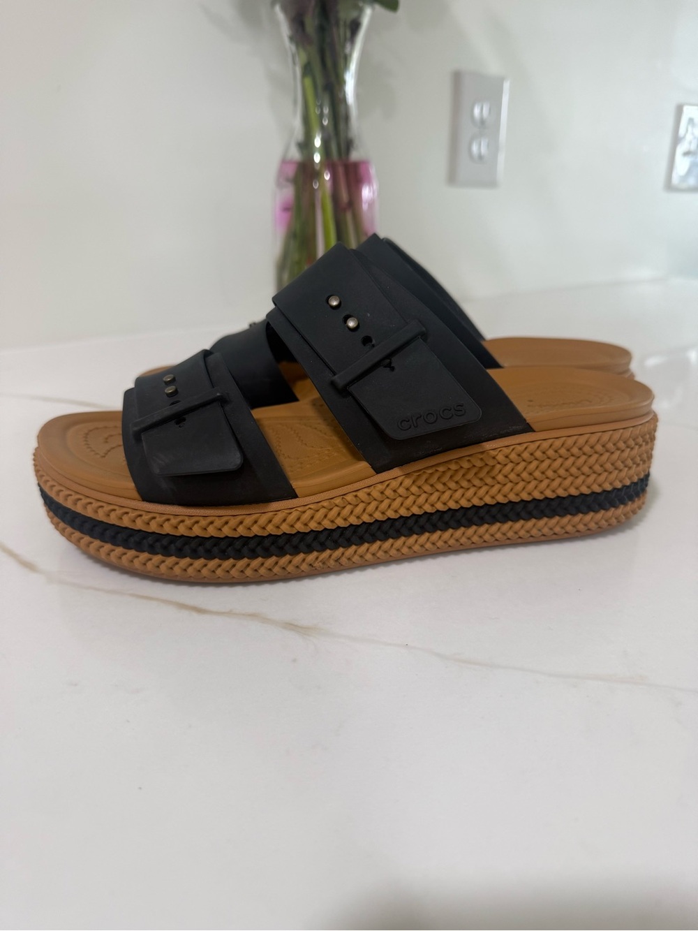 CROCS Women’s Black Strappy Slide Sandals with Tan Platform